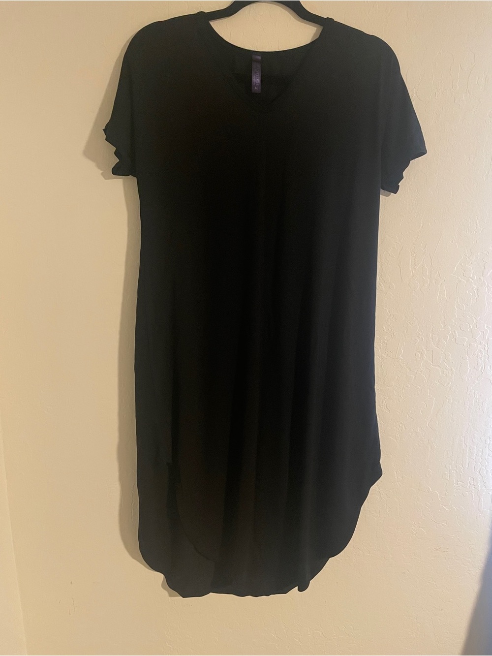 Black V-Neck Short Sleeve Tunic Dress with side slits.
